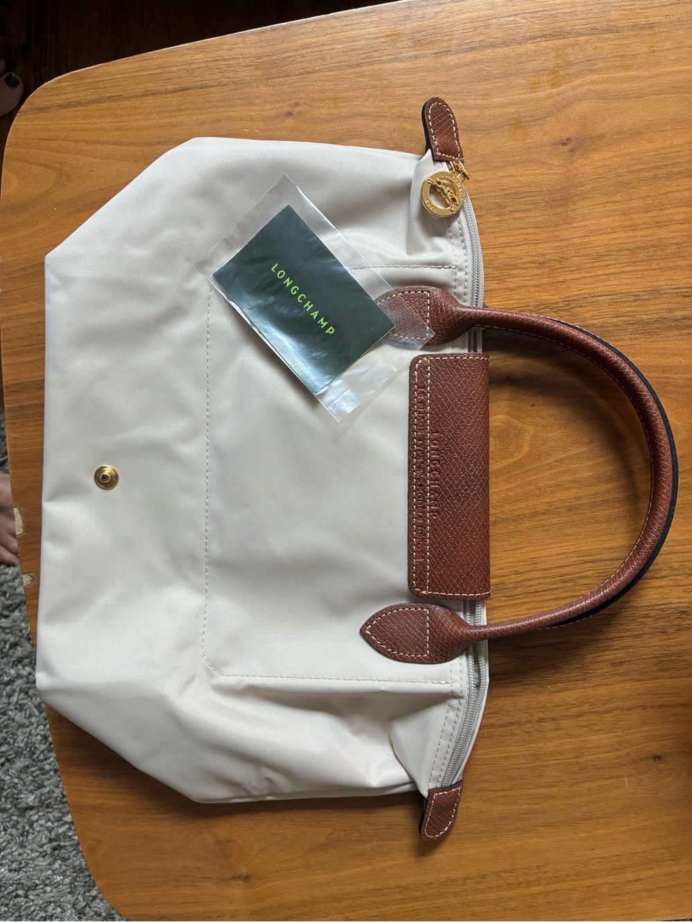 Longchamp Nylon Tote in Cream with Brown Leather Trim